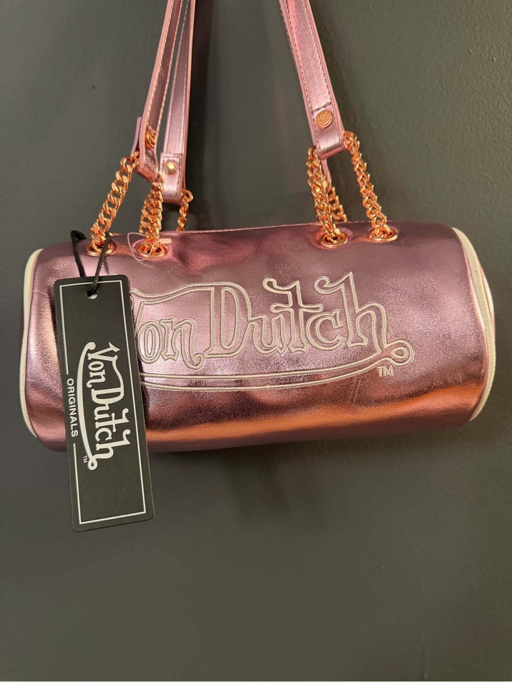 Von Dutch Pink Metallic Barrel Shoulder Bag